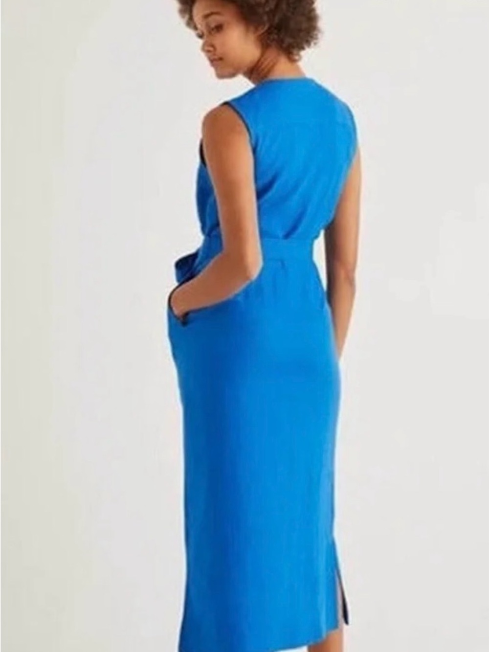 Boden Catriona Linen Dress - Sleeveless Blue Button-Front Belted Maxi Dress - Picture 3 of 6